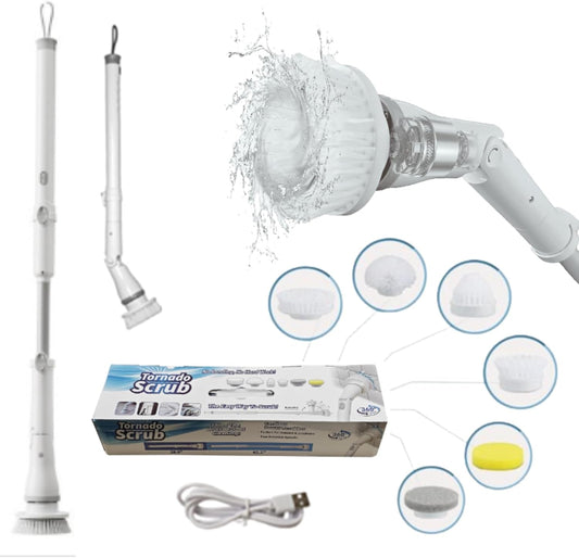 Electric Spin Scrubber - Cordless Cleaning Head with 6 Replaceable Brushes - 90° Rotatable - Ideal for Floor, Window, Cars - Ivory White