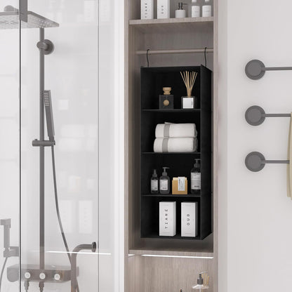 Hanging Closet Organizer 3-Shelf, Oxford Fabric Wardrobe Storage, Gray | Easy-mount foldable design holds clothes, handbags, shoes & accessories; washable Oxford fabric, sturdy and space-saving.