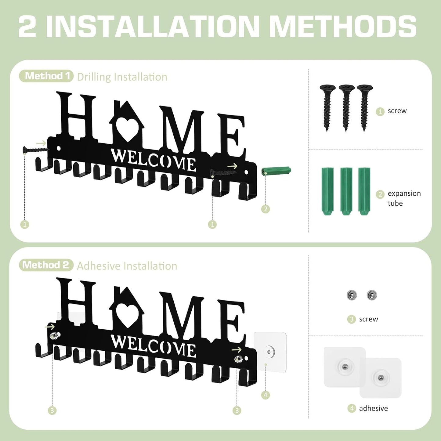 Key Holder Wall Mount, Adhesive Metal Key Hanger with 6 Double Hooks, 2 Installation Methods, Black