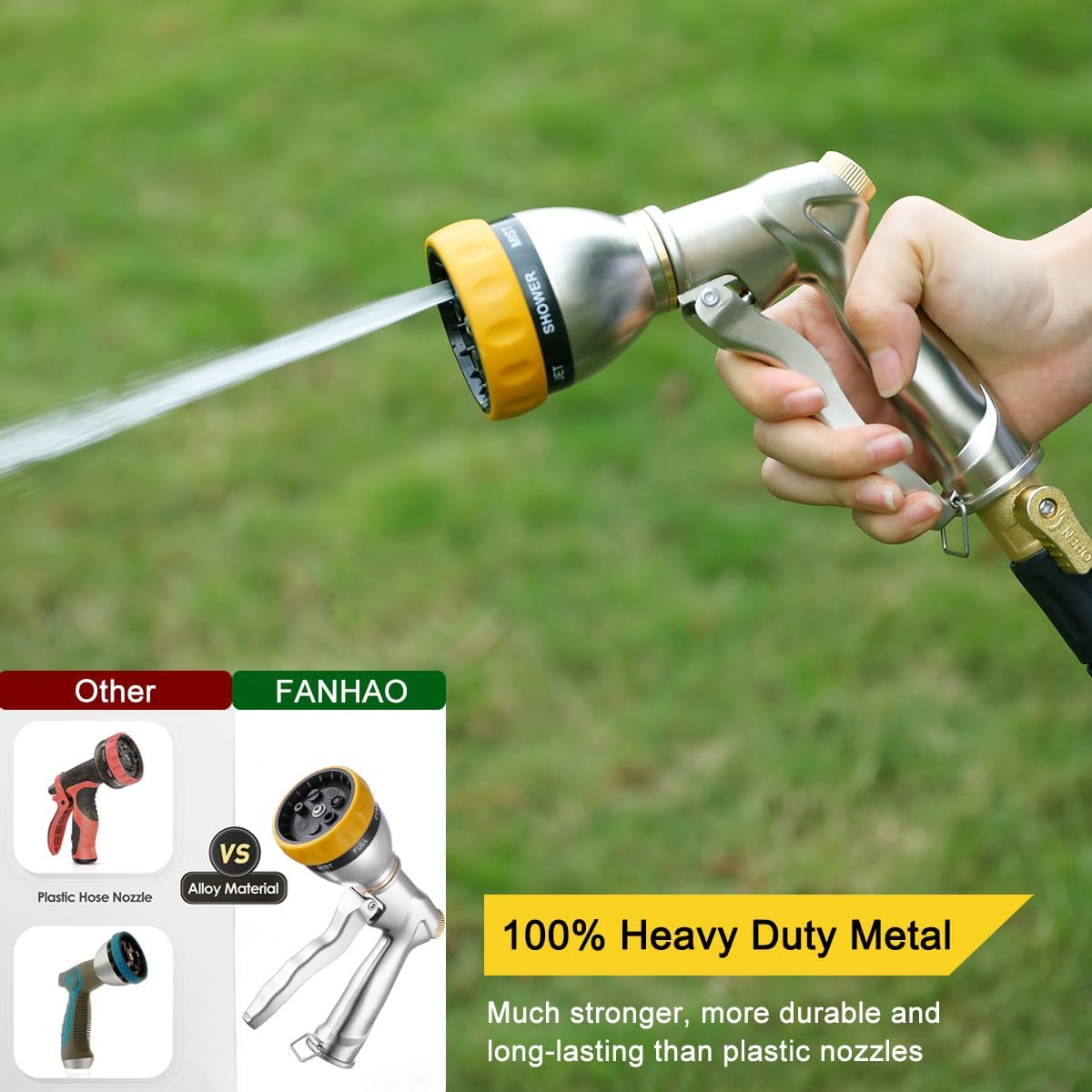 FANHAO Garden Hose Nozzle Heavy Duty Metal Spray Nozzle with Thumb Control, High Pressure Water Nozzle with 8 Adjustable Spray Patterns for Watering Plants, Washing Cars and Showering Pets