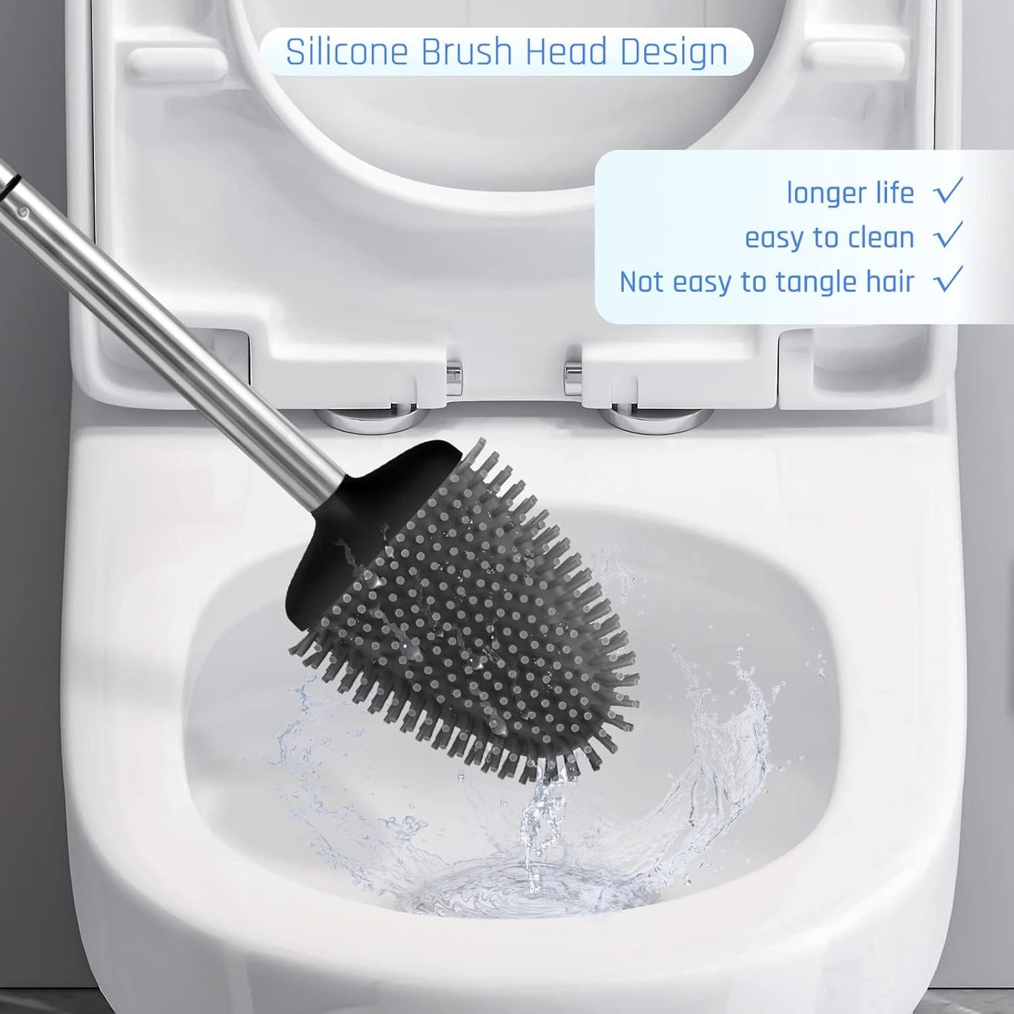 Sellemer Toilet Brush and Holder Set - Flexible Toilet Bowl Brush Head with Silicone Bristles, Compact Size for Storage and Organization, Ventilation Slots Base (1 Pack, Silver)
