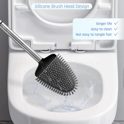 Sellemer Toilet Brush and Holder Set - Flexible Toilet Bowl Brush Head with Silicone Bristles, Compact Size for Storage and Organization, Ventilation Slots Base (1 Pack, Silver)