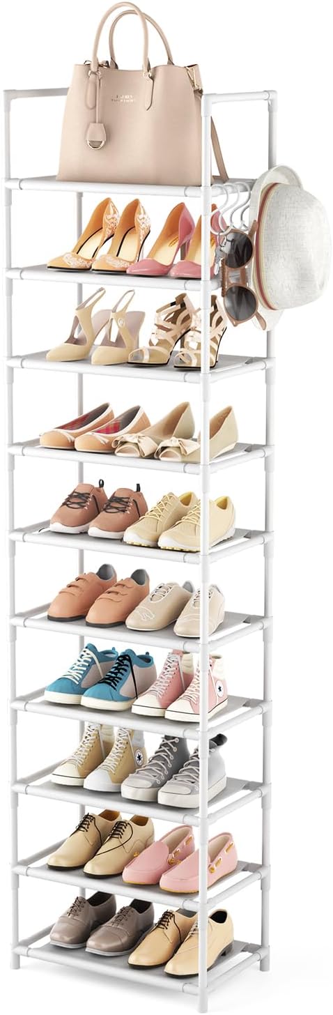 LANTEFUL 10 Tiers Tall Shoe Rack 20-25 Pairs Boots Organizer Storage Sturdy Narrow Shoe Shelf for Entryway, Closets with Hooks, Black