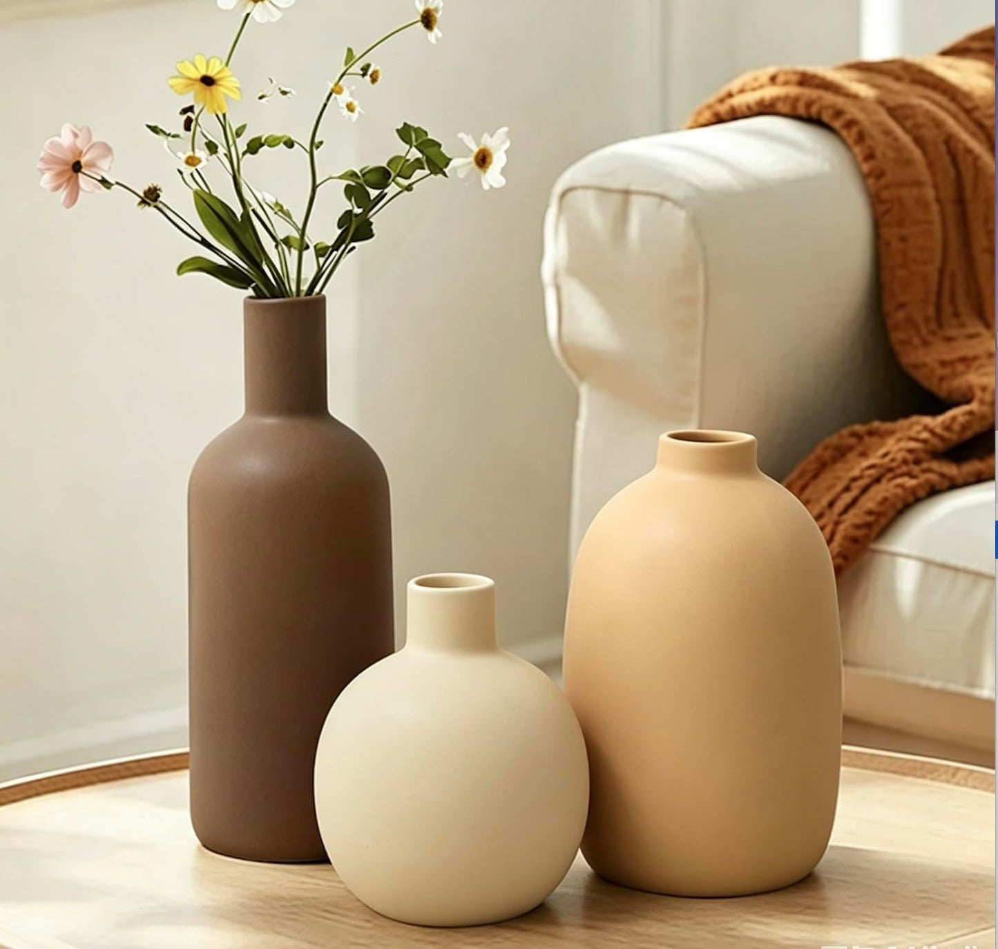 CUCUMI Ceramic Vase Set of 5, Home Decor Farmhouse Décor Handmade Pottery Vases for Pampas Grass, Dried Fresh Flowers, Table, Living Room, Kitchen, Shelf, Entryway Mantel Neutral Tones
