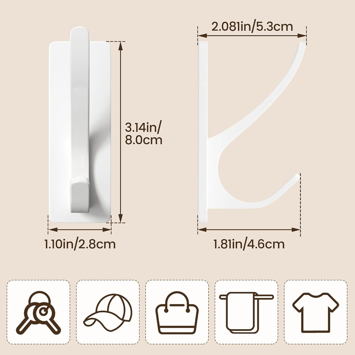 pickpiff White Self Adhesive Coat Hooks for Hanging: 13LB Extra Strong Stainless Wall Hook for Towel, Utensil, Backpack, Hat, Sturdy Metal Hanger for Bathroom, Kitchen, Door, 4-Pack