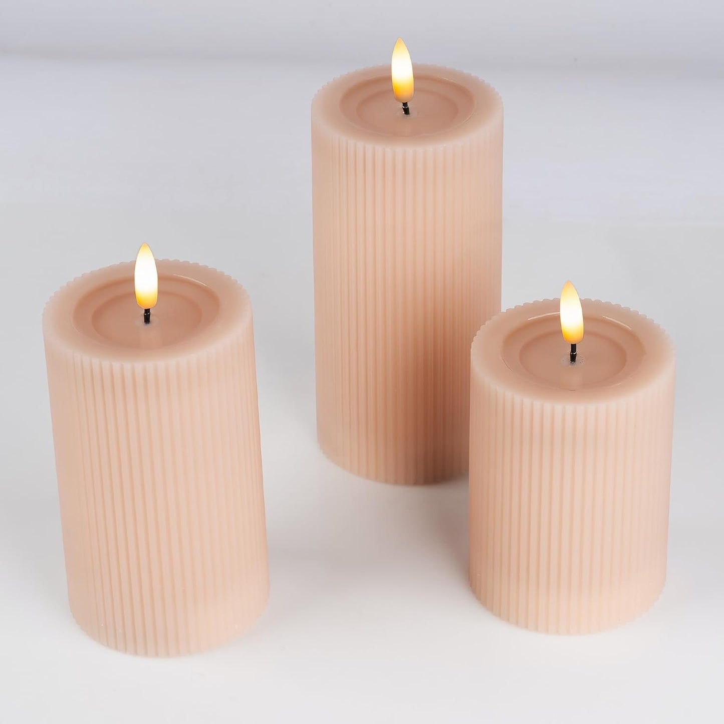 Fluted Ribbed LED Pillar Candles, Cream Beige, with Realistic Reflective Melted-Wax Effect – Flickering Flame, Remote, Dimmable, Flameless, Battery Operated, Home & Wedding Decor (Set of 3)