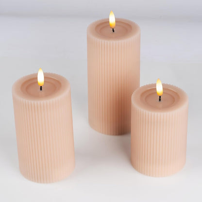 Fluted Ribbed LED Pillar Candles, Cream Beige, with Realistic Reflective Melted-Wax Effect – Flickering Flame, Remote, Dimmable, Flameless, Battery Operated, Home & Wedding Decor (Set of 3)