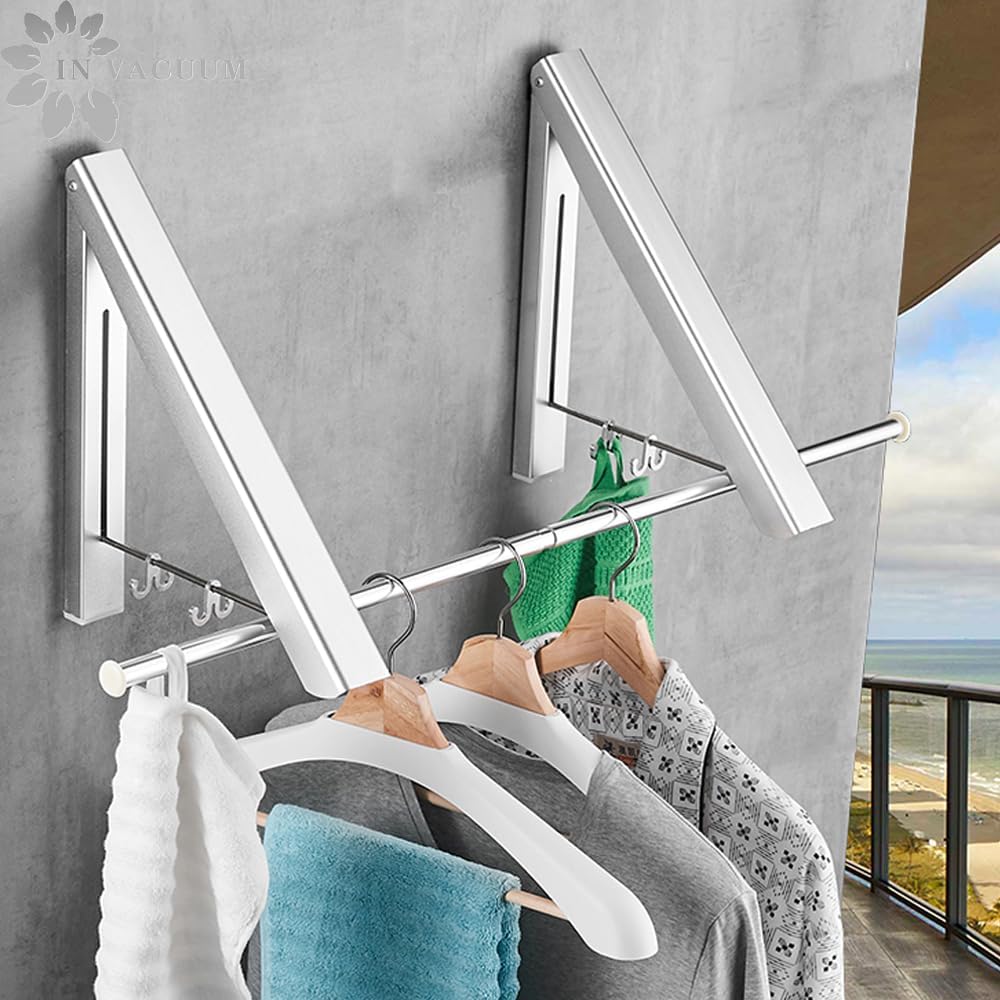 IN VACUUM Clothes Drying Rack, Laundry Racks for Drying Clothes, Wall Mounted Retractable Clothes Hanger for Laundry Room, Garage, Indoor & Outdoor Use, Aluminum (1 Racks, Black)