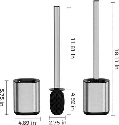 Sineng Silicone Toilet Brush and Holder Set, Stainless Steel Toilet Cleaning Brush, One-Piece Long Handle, Flexible Compact Modern RV Toilet Bowl Brush for Bathroom