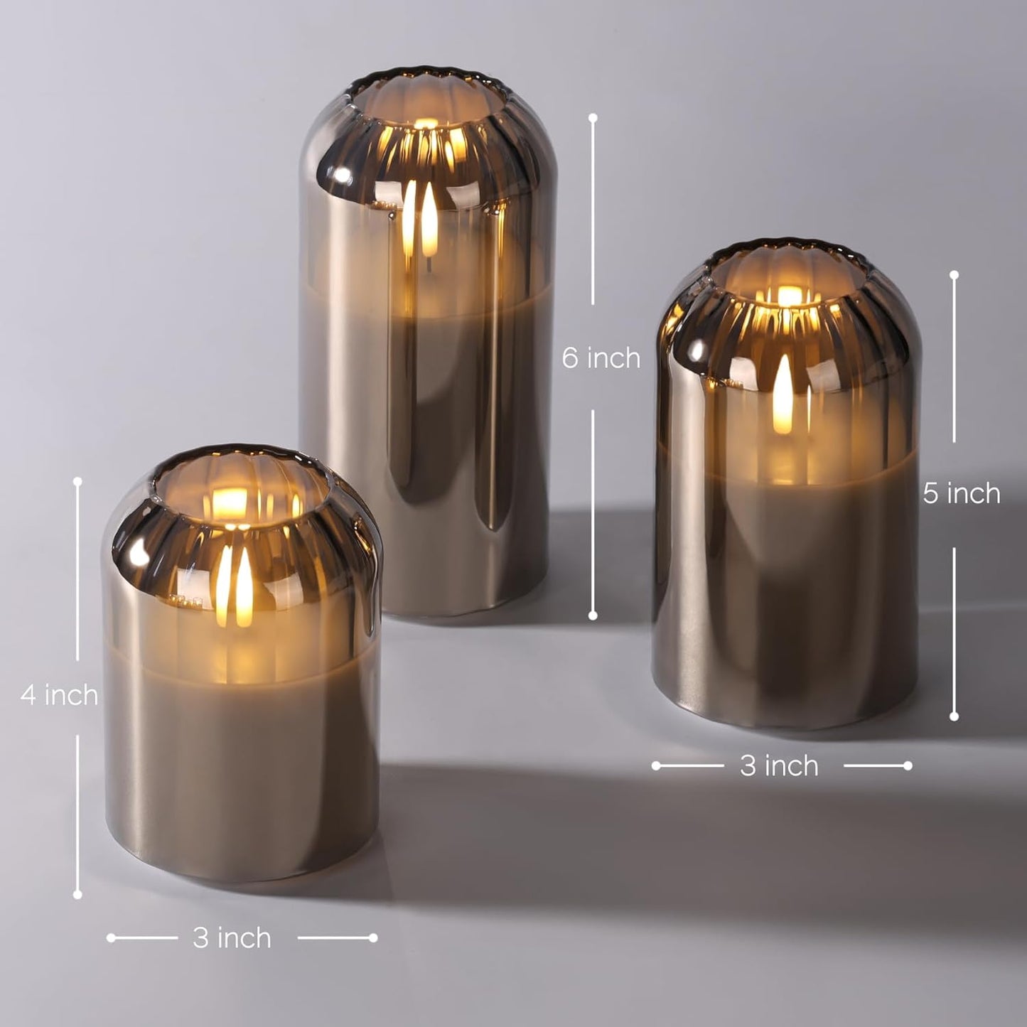 Grey Glass Flameless Pillar Candles with Remote, Flickering Battery LED Candles Table Decor Gift Set of 3