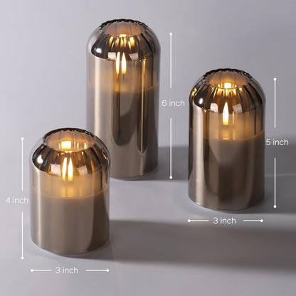 Grey Glass Flameless Pillar Candles with Remote, Flickering Battery LED Candles Table Decor Gift Set of 3