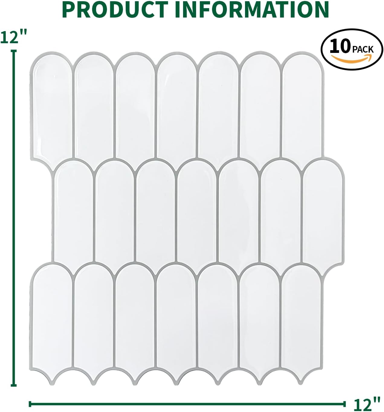 10 Sheet Peel and Stick Backsplash Tile for Kitchen, 12” x 12” Self Adhesive Glossy Vinyl Wall Subway Tiles Waterproof No Residual for Bathroom Fireplace, White with Gray Grout