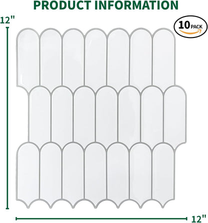 10 Sheet Peel and Stick Backsplash Tile for Kitchen, 12” x 12” Self Adhesive Glossy Vinyl Wall Subway Tiles Waterproof No Residual for Bathroom Fireplace, White with Gray Grout