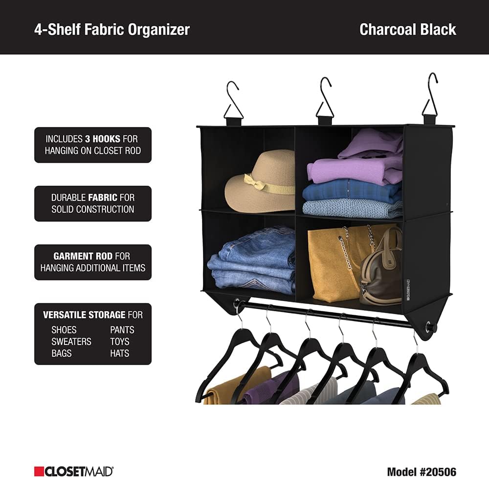 ClosetMaid 10-Shelf Fabric Hanging Shoe Storage Organizer for Closet, Charcoal Black