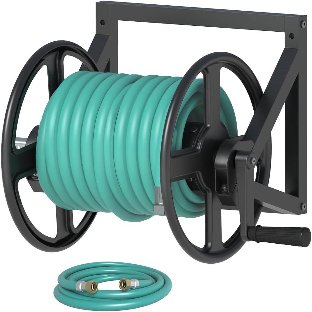 Artigarden Garden Hose Reel Wall Mounted, Outdoor Heavy Duty Powder Coated Metal Water Hoses Holder Winder Holds 125 ft 5/8" Hoses with 3.9ft Leader Hose, Stainless Steel Connector for Outside, Black
