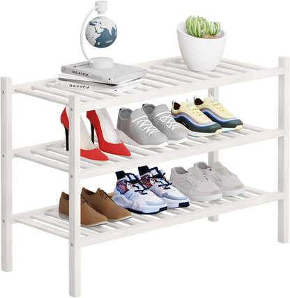 4 Tier Bamboo Shoe Rack Storage Organizer for Closet, Multifunctional Stackable Free Standing Shoe Shelf Organizer for Small Space,Entryway, Hallway, Bathroom27 x11 x26(White, 4 Tier)