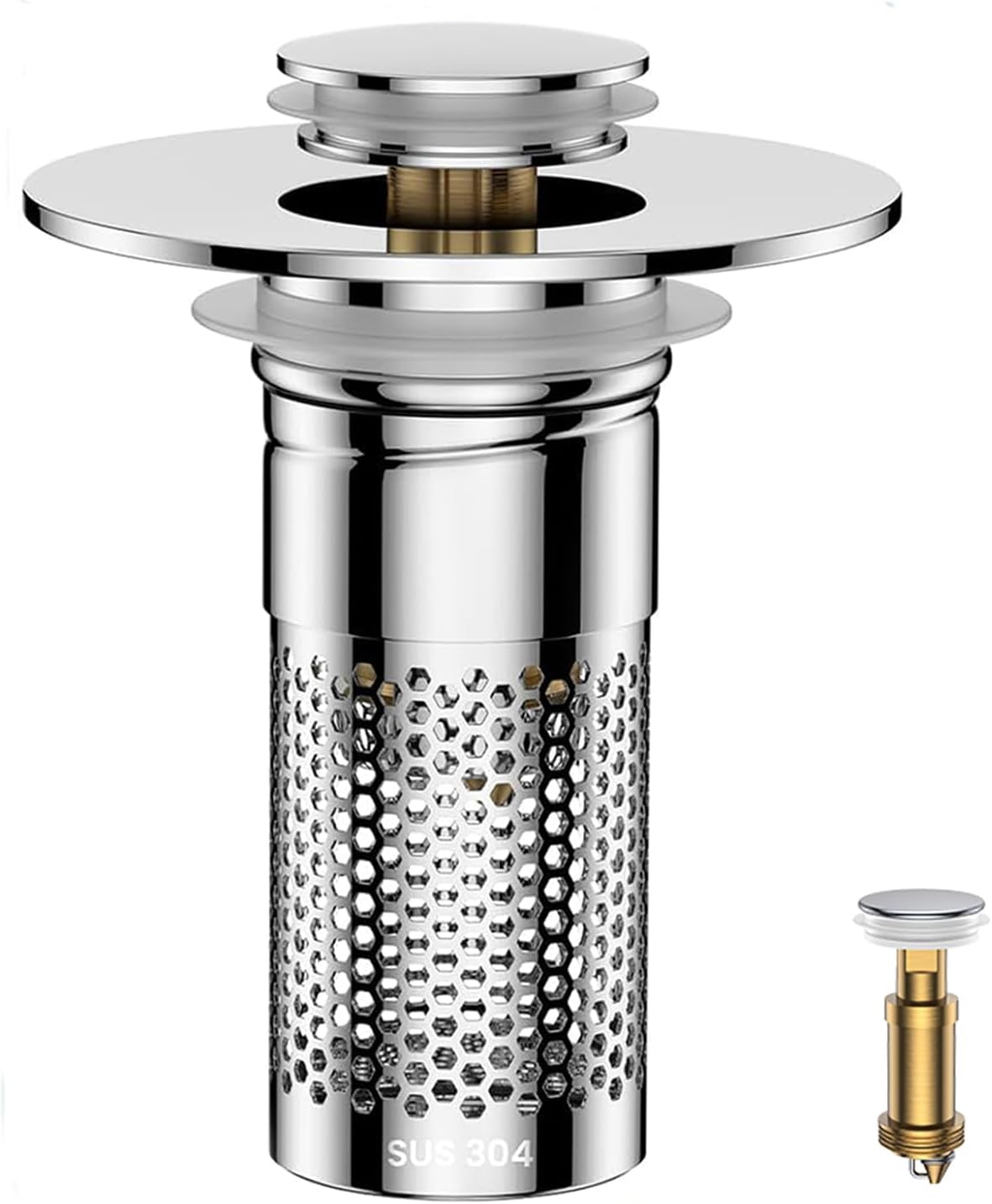 Bathroom Sink Drain Strainer,Universal Pop-Up Sink Stopper Hair Catcher, Anti-Clog Stainless Steel Drain Filter Basket, Removable Sink Drain for Bathroom Sink Stopper (Ysilver-2（with Buckle）)