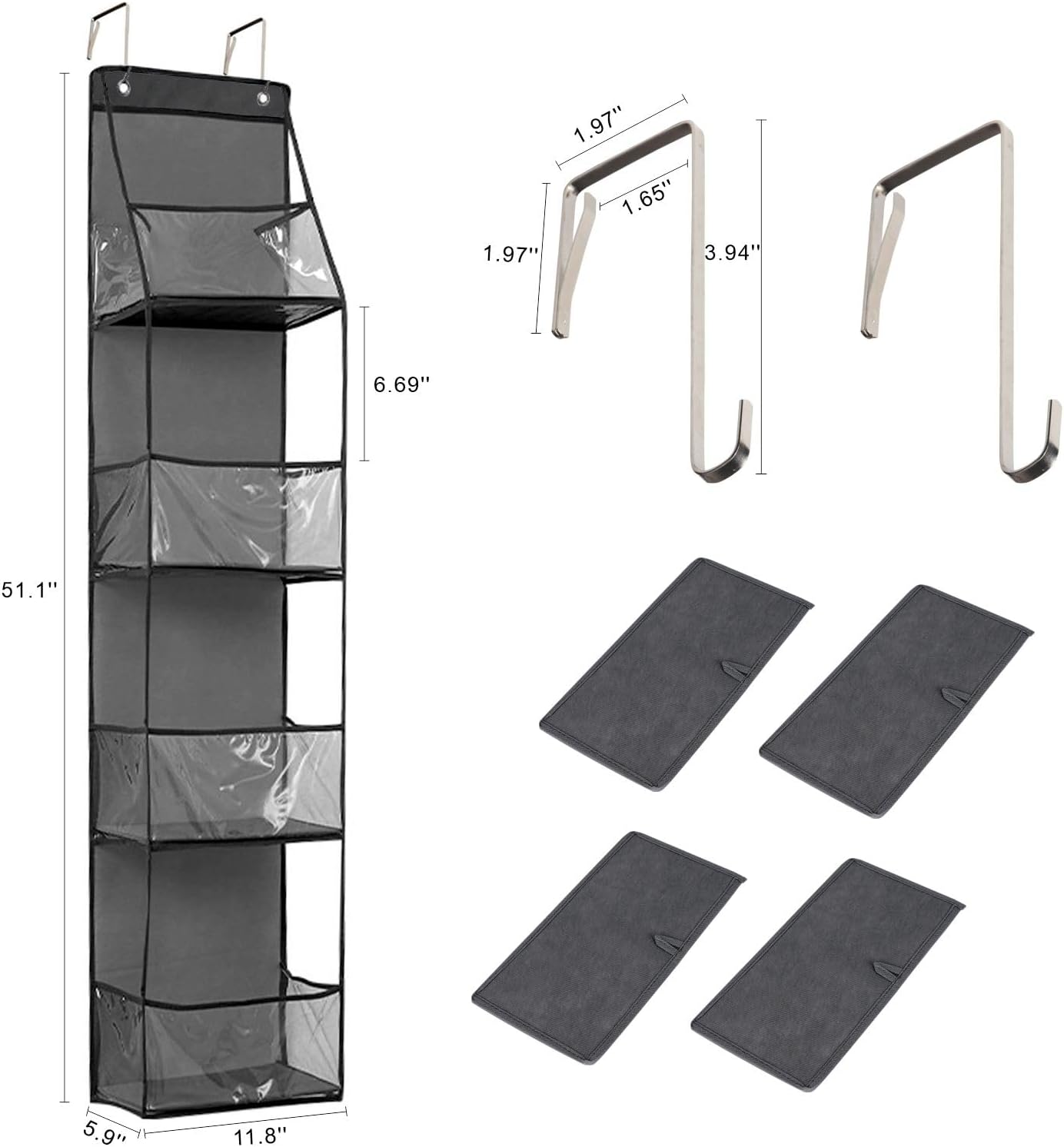 4-Shelf Over The Door Hanging Pantry Organizer, Behind The Door Storage Organizer, with Clear Plastic Pockets, for Bedrooms, Closets, Bathrooms, Small Apartments, College Dorms (Grey)