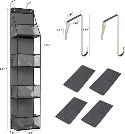 4-Shelf Over The Door Hanging Pantry Organizer, Behind The Door Storage Organizer, with Clear Plastic Pockets, for Bedrooms, Closets, Bathrooms, Small Apartments, College Dorms (Grey)