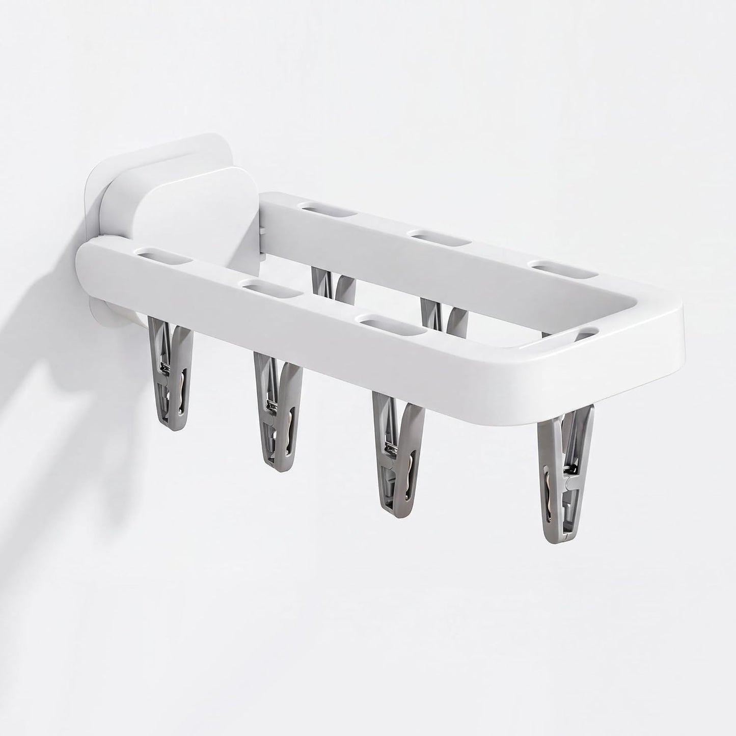 Foldable Wall Mounted Drying Rack with 7 Hidden Clips, Punch-Free Adhesive Sock & Underwear Hanger, Collapsible Space-Saving Laundry Rack for Bathroom, Balcony & Washstand, Holds 11 lbs (White-1 Pcs)