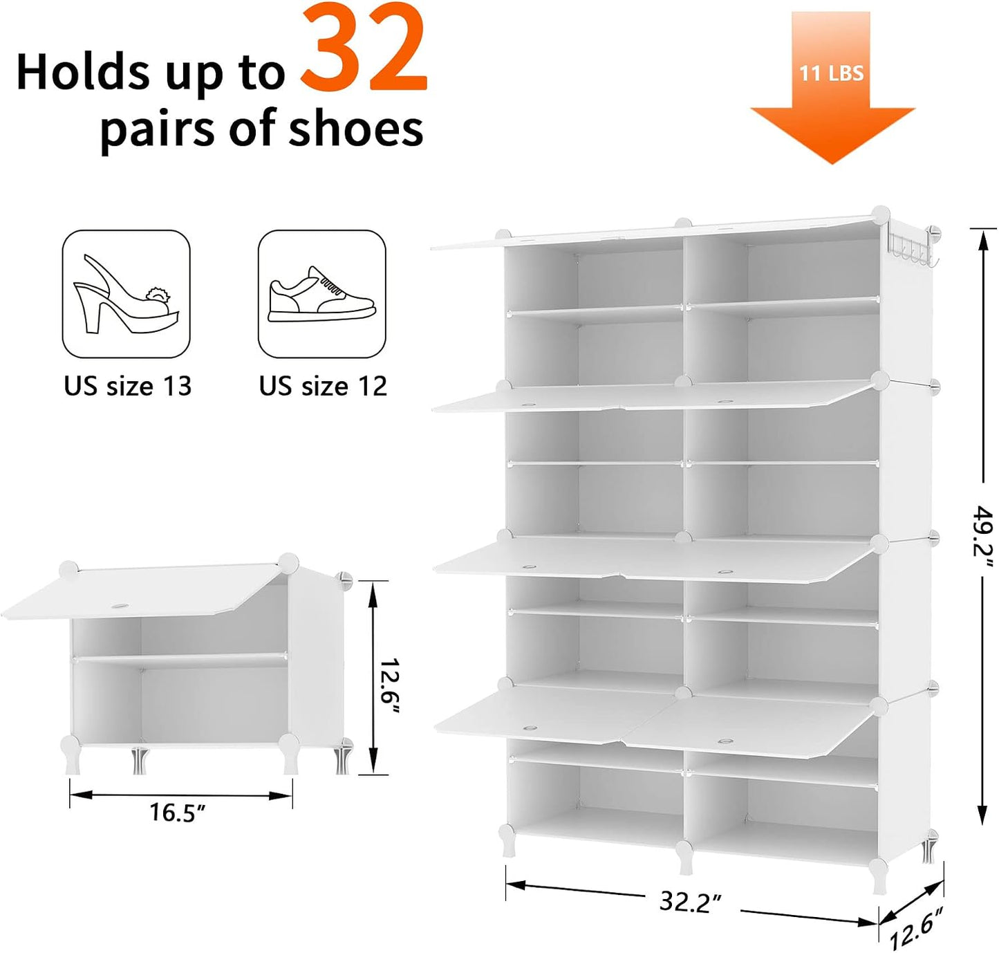 AWTATOS 8 Tiers Shoe Rack Organizer, 32 Pair Shoe Storage Cabinet, White | DIY Stackbale Plastic Shoe Organizer Shelves for Closet Entryway Hallway Bedroom