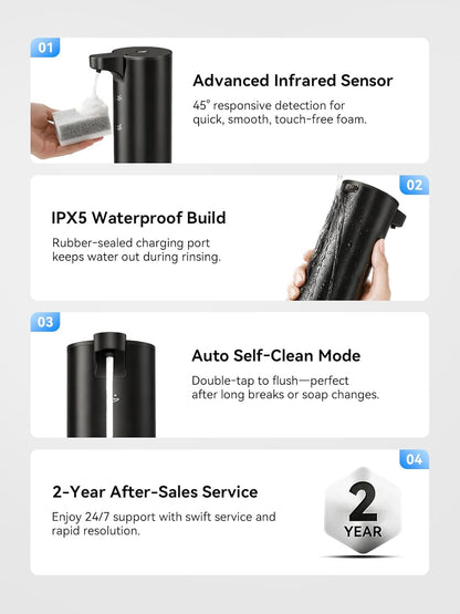 SUNLY Automatic Foaming Soap Dispenser Touchless, 0.2s Fast Sensor, USB-C Rechargeable, Smudge-Resistant Stainless Steel, Hand Soap Dispenser for Bathroom, Kitchen, Hotel, Silver