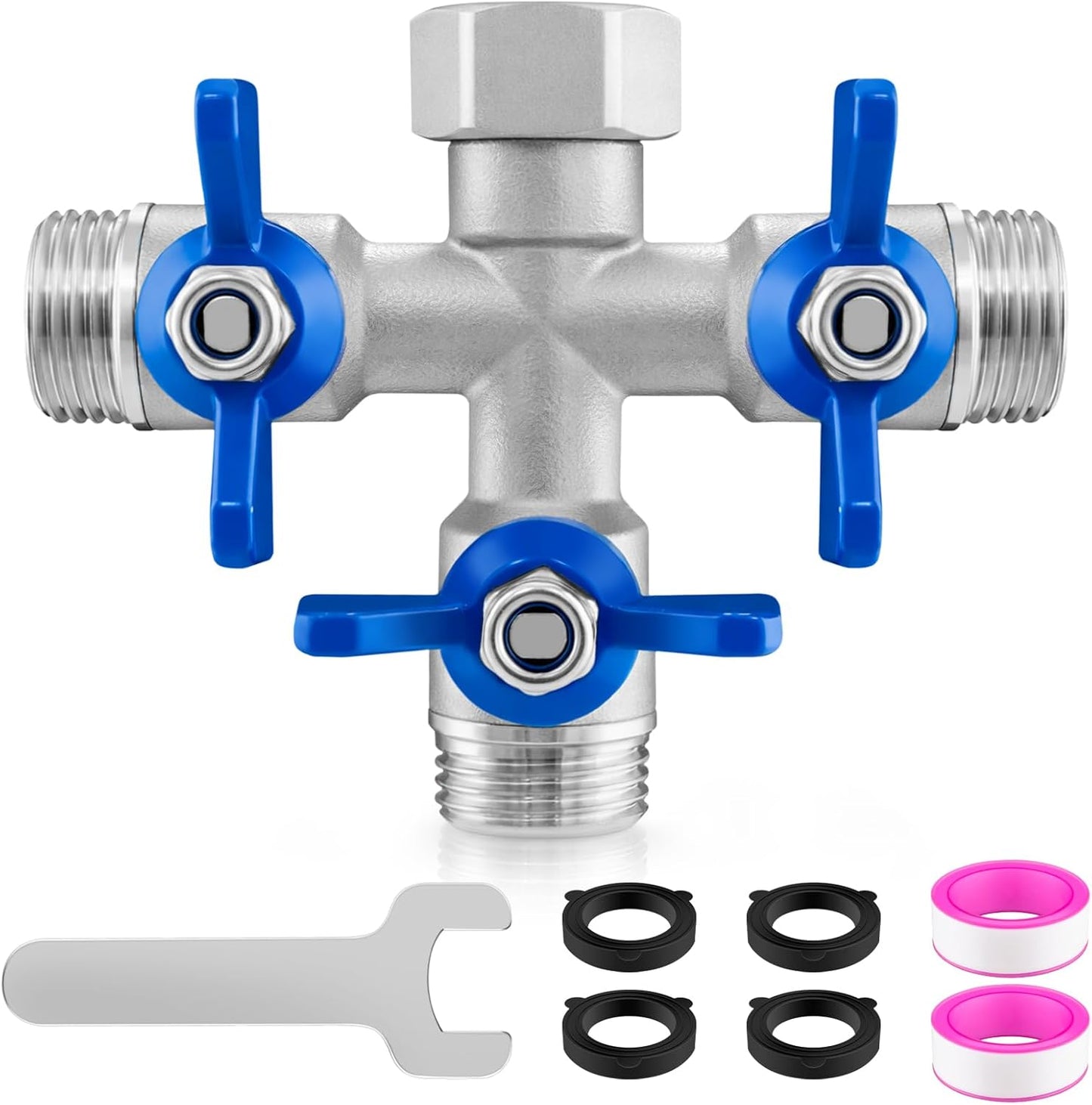 304 Stainless Steel Garden Hose Splitter 2 Way, Heavy Duty 3/4" GHT Y Hose Splitter with Shut-Off Valves, Full Flow Outdoor Faucet Connector with Wrench
