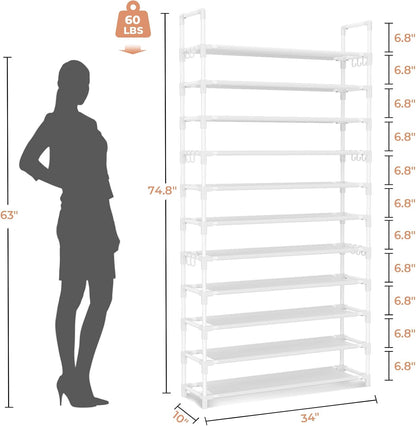LANTEFUL 10 Tiers Shoe Rack 50 Pairs Large Capacity Tall Shoe Organizer Sturdy Shoe Storage with Two Hooks Space Saving Metal Wide Shoe Rack for Closet, Entryway, Bedroom, Black