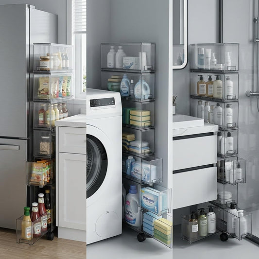 Slim Storage Cabinet with Wheels, Space Saving Narrow Rolling Cart, Thickened PET Transparent Drawer Organizer, Mobile Bathroom for Small Spaces Kitchen Laundry(Clear White,3.9*15.9*16.7in)