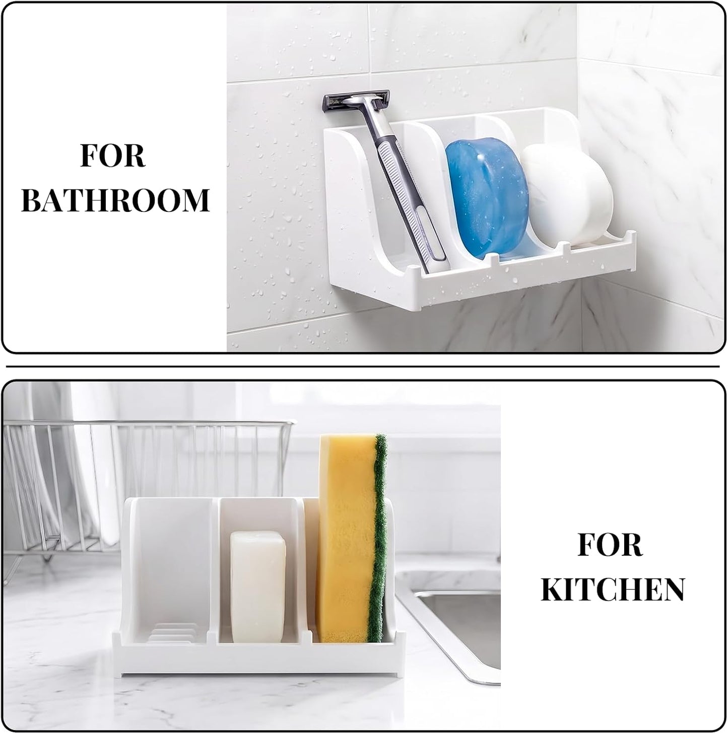 Soap Holder for Shower Wall, 3-Compartment Soap Dish for Shampoo, Conditioner and Body Soap, Fast Draining & Rust-Proof & Heavy Duty, Ultra-Strong Adhesive for Long-Term Bathroom Use & Freestanding