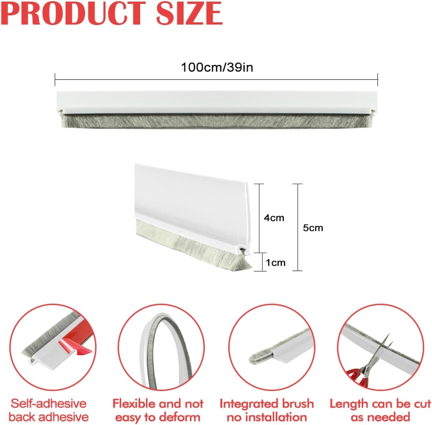 Door Sweep for Bottom of Door, 39.2" L Integrated Design with Brush, Self Adhesive Under Door Draft Stopper for Bottom of Door, Door Seal Dust/Noise/Hot or Cold Air Insulation, White 2" W