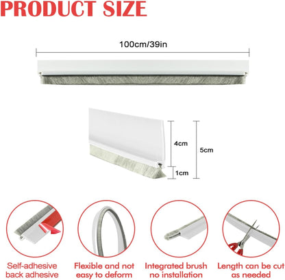 Door Sweep for Bottom of Door, 39.2" L Integrated Design with Brush, Self Adhesive Under Door Draft Stopper for Bottom of Door, Door Seal Dust/Noise/Hot or Cold Air Insulation, White 2" W