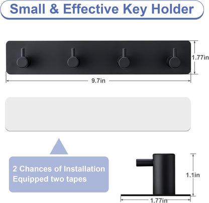 Key Holder with 4 Hooks,Key Hanger Organizer for Wall Mount with 2 Self-Adhesive Tapes,Metal Key Rack for Entryway, Door, Bathroom, Kitchen(Black)