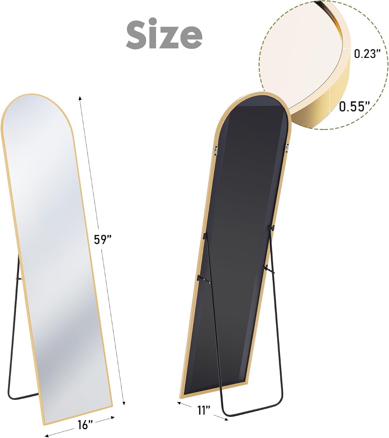 DUMOS 64"x21" Arched Full Length Floor Mirror, Full Body Mirror with Stand, Shatterproof Tempered Glass, Modern Aluminum Alloy Frame, Free Standing or Leaning for Home Decor, Gold