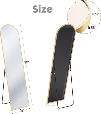 DUMOS 64"x21" Arched Full Length Floor Mirror, Full Body Mirror with Stand, Shatterproof Tempered Glass, Modern Aluminum Alloy Frame, Free Standing or Leaning for Home Decor, Gold