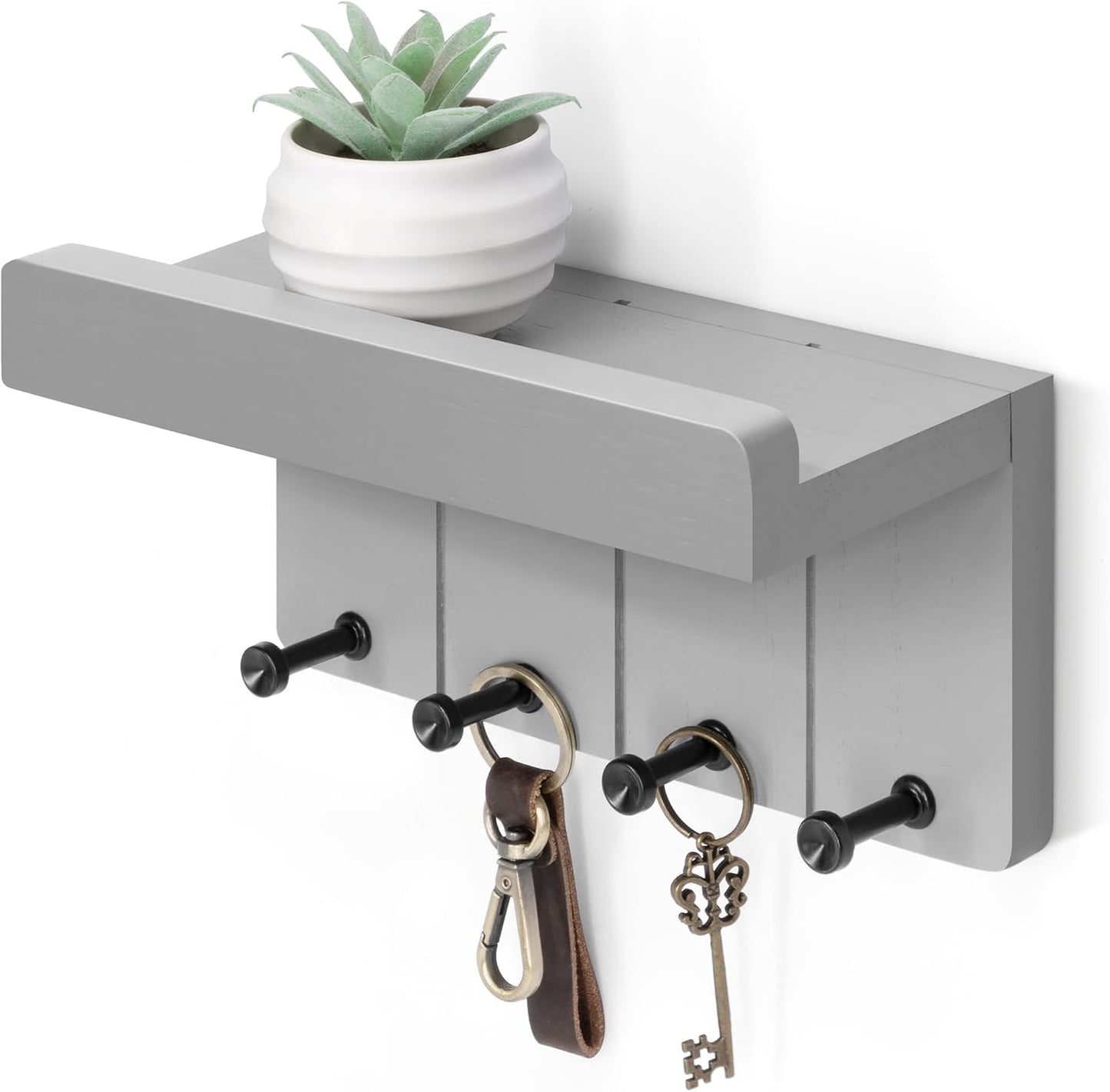 Rebee Vision Small Key Holder Wall Mount for Farmhouse Decor - Key and Mail Holder for Wall with Shelf and 4 Key Hooks - Room Decor Aesthetic (Distressed Blue)