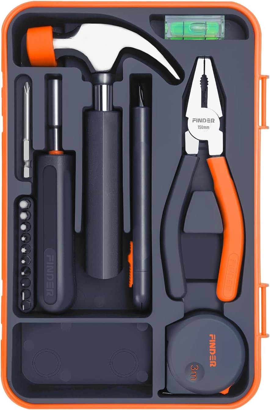 Finder Small Tool Kit 19 Piece General Household Tool Set, Mini Tool Kit Basic Hand Tools Kit with Plastic Toolbox Storage Case for Home Repair (Orange)