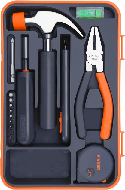 Finder Small Tool Kit 19 Piece General Household Tool Set, Mini Tool Kit Basic Hand Tools Kit with Plastic Toolbox Storage Case for Home Repair (Orange)