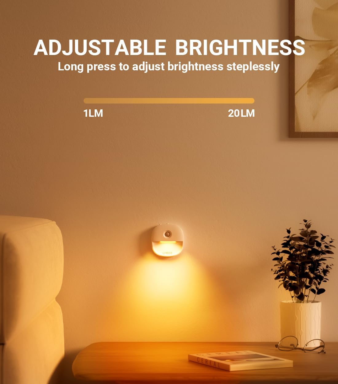 Lyridz Rechargeable Night Light, Motion Sensor Battery Nightlight, Mini Stick-on LED Closet Light, 1-20LM Dimmable Brightness for Bathroom, Bedroom, Kitchen, Washroom, Stairs, Hallway, 3-Pack