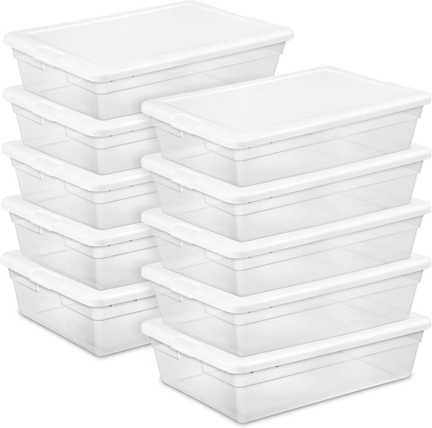 Sterilite 6 Pack Storage Box, 41 Quart Stackable Tote, Clear Plastic Container with Secure Snapping White Lids for Home and Office Organization
