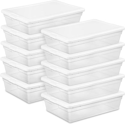 Sterilite 6 Pack Storage Box, 41 Quart Stackable Tote, Clear Plastic Container with Secure Snapping White Lids for Home and Office Organization