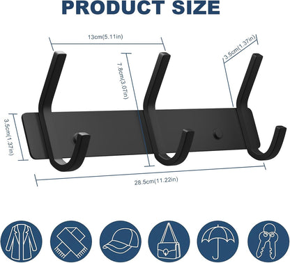 VAEHOLD Black Hat and Coat Wall Mount Rack - 3 Hooks for Robes, Bags, Keys, and Towels - Bathroom Towel Hanger Organizer (1 Pack)