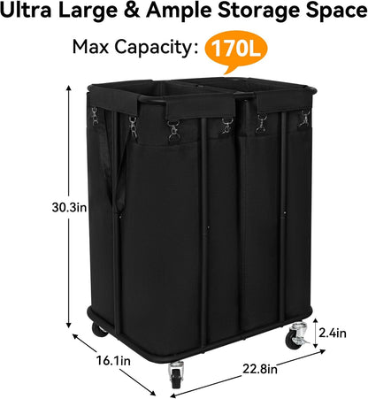 WOWLIVE Laundry Hamper with Wheels 260L Rolling Laundry Basket 3 Section Organizer Laundry Cart with Steel Frame and Removable Bags Large Dirty Clothes Hamper Dorm Room Storage for Bedroom