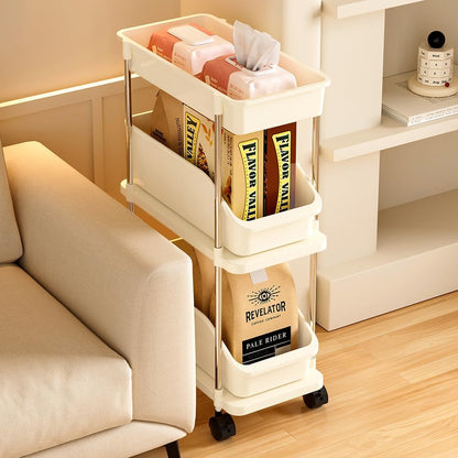Slim Storage Cart 3 Tier Slim Rolling Utility Cart with Pull-Out Baskets & Wheels for Narrow Space in Kitchen Dining Room Bathroom Laundry Room Cream White (Width 6.3 Inches)