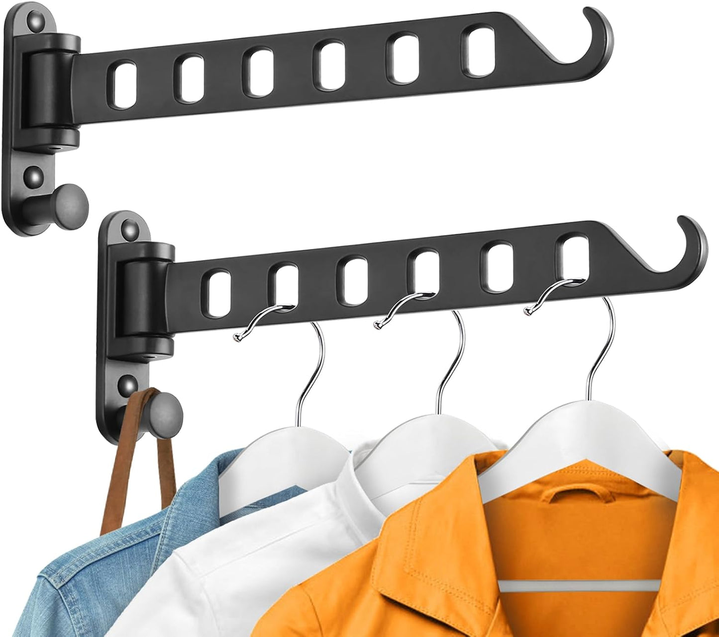 Wall Mounted Clothes Hanger with Swing Arm - 8-Hole Laundry Room Drying Rack | 180° Rotation & Space Saving for Hanging Clothes | Swing Away Coat Hanger | Aluminium(2-Pack, White)
