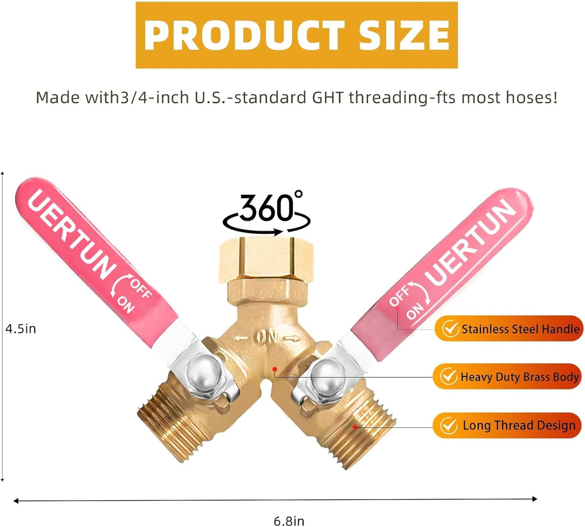 2 Way Garden Hose Splitter Heavy Duty Brass, Y Hose Splitter with Extra Long Handles for Easy Shut Off, Metal Water Spigot Adapter Fits Standard 3/4" GHT Faucet