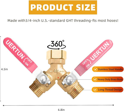 2 Way Garden Hose Splitter Heavy Duty Brass, Y Hose Splitter with Extra Long Handles for Easy Shut Off, Metal Water Spigot Adapter Fits Standard 3/4" GHT Faucet