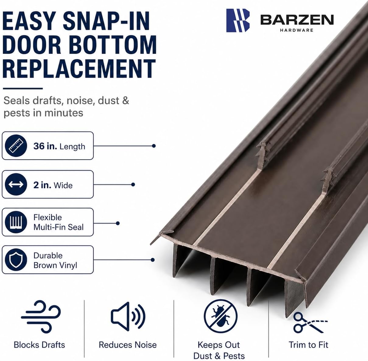 Barzen 36" Kerf-Style Vinyl Door Bottom Seal with Fins – Replacement Weatherstrip for Exterior Doors, Draft Stopper, Fits 7/8" Kerf Slot, Easy Slide-in Install
