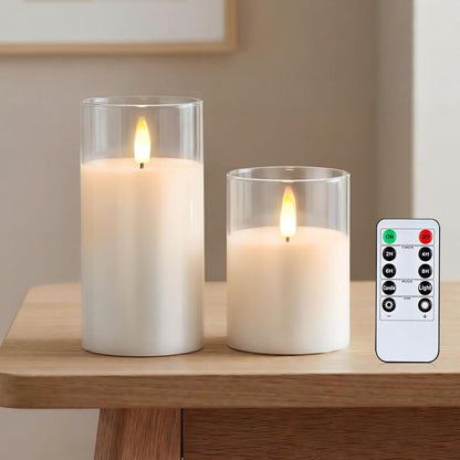 Amagic Clear Glass Flameless Candles Battery Operated with Timer, Remote Control, LED Pillar Candles, Battery Powered, Valentine's Day Decor, Pure White Wax, Set of 3