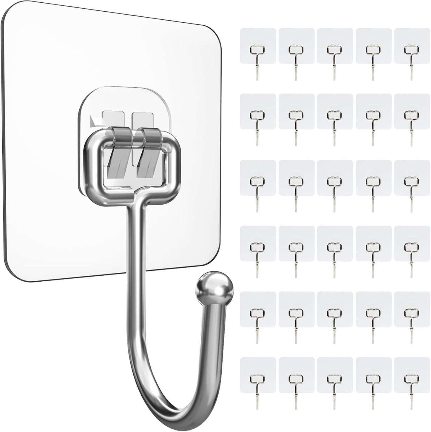 30 Packs Large Adhesive Wall Hooks, Heavy Duty Hold 44lb(Max) Wall Hooks for Hanging, Transparent Waterproof Rustproof Sticky Hooks for Kitchen Bathroom Home Office